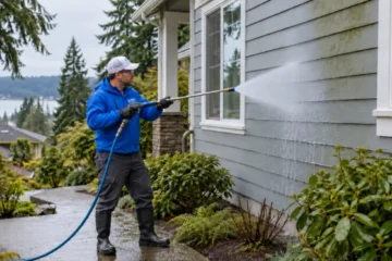 AI-generated illustration showing how to soft wash a house with gray siding and Pacific Northwest landscaping