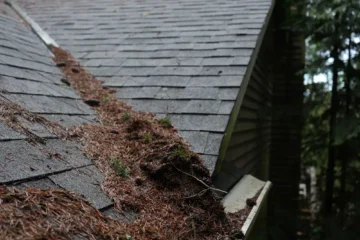 Roof and gutters clogged with winter debris during spring home maintenance