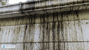 Gutter overflow staining on siding Pacific Northwest home