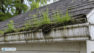 Plants growing in clogged gutter PNW home needing gutter cleaning.