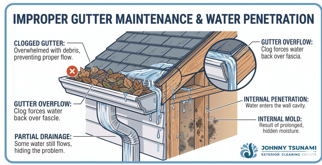 clogged gutter causing overflow and water damage into fascia and wall cavity leading to mold buildup in home structure