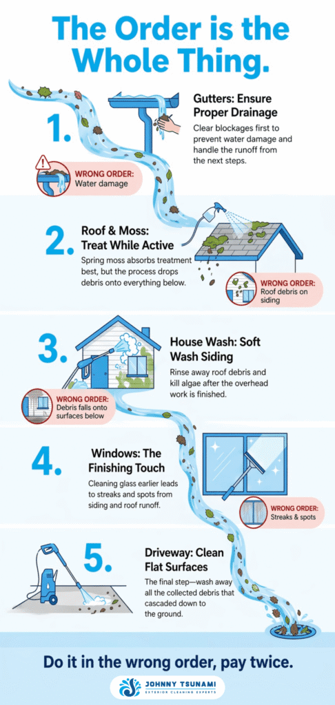 PNW spring exterior cleaning order infographic showing gutters, roof moss treatment, house wash, windows, and driveway sequence to prevent damage and rework