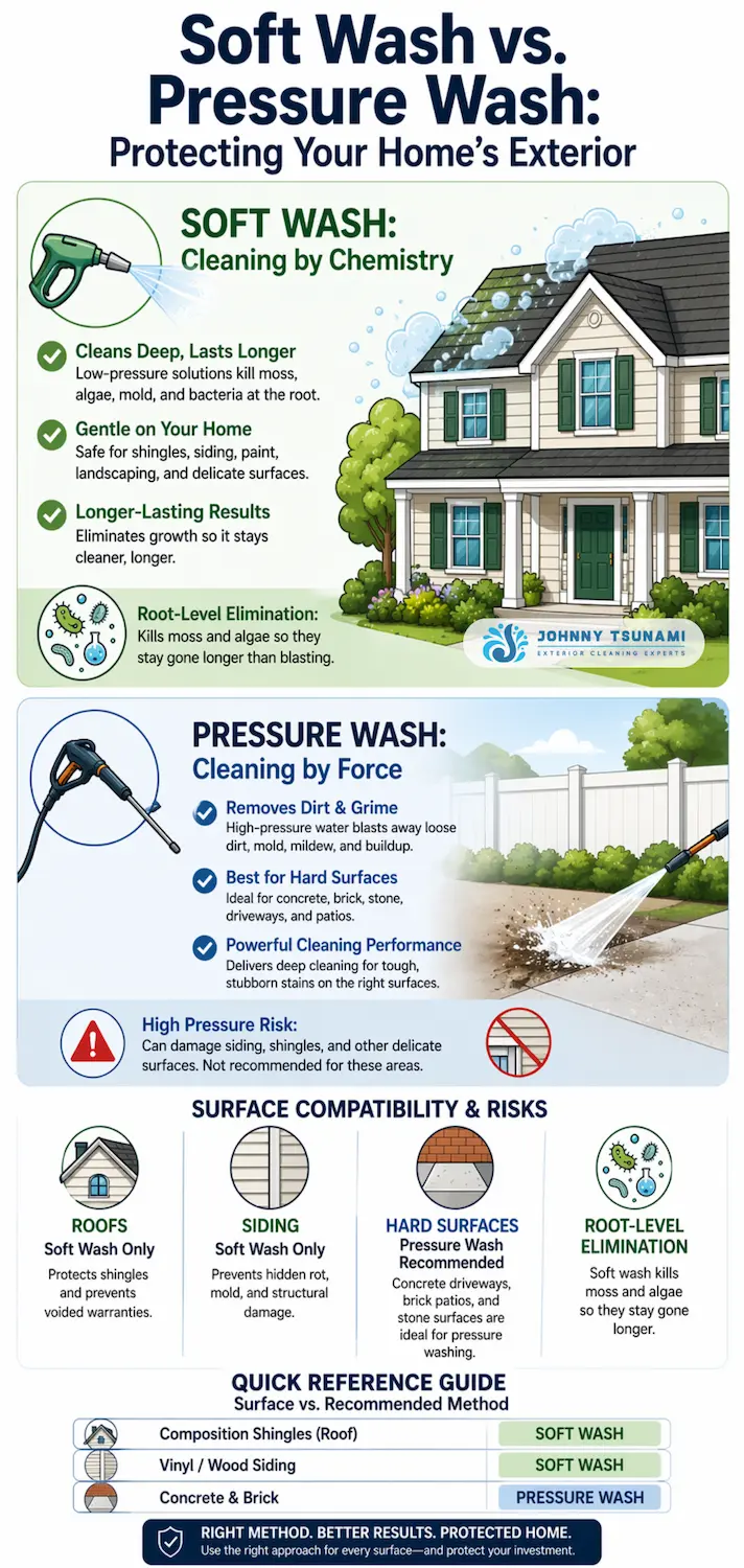 Soft wash vs pressure wash comparison on Pacific Northwest roof