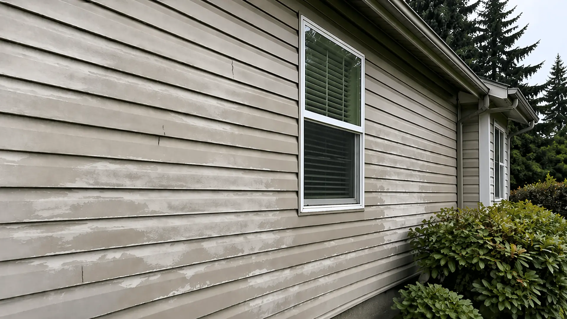 Pressure washing damage to PNW vinyl siding showing water intrusion
