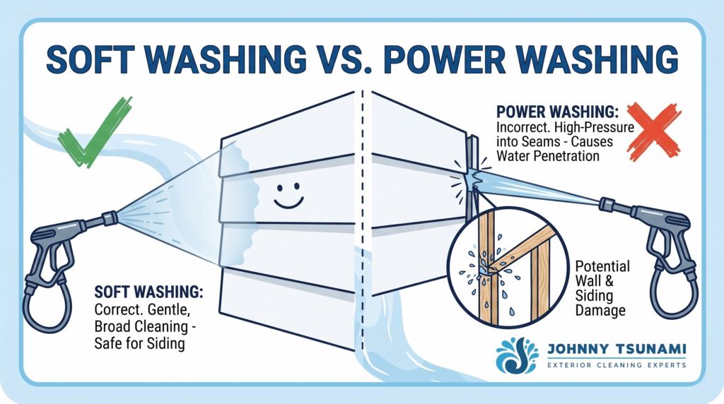 soft washing vs power washing siding comparison showing low pressure cleaning safe for siding vs high pressure causing water intrusion and damage