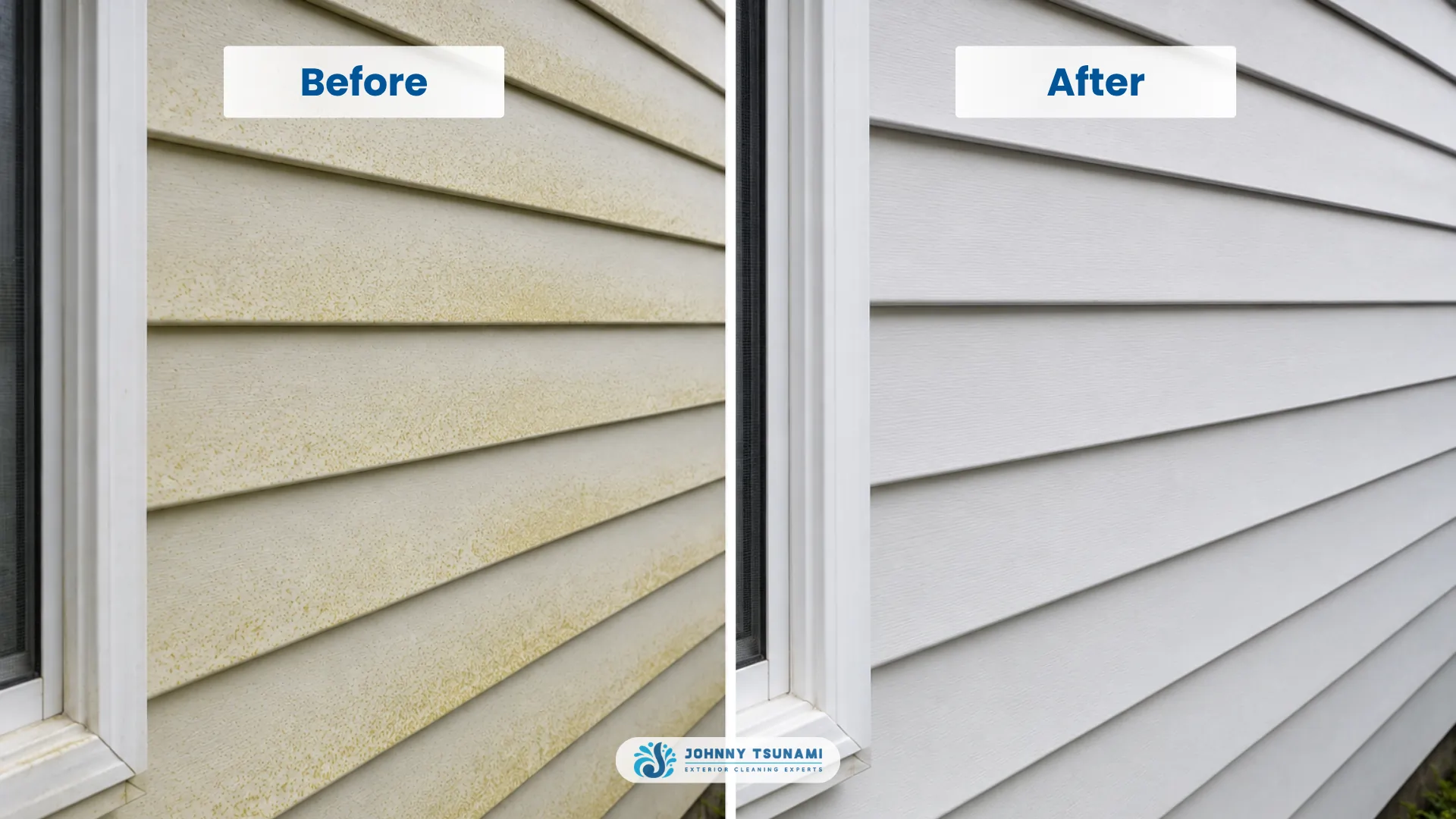 Before and after of soft wash siding cleaning showing pollen removal on a Pacific Northwest home