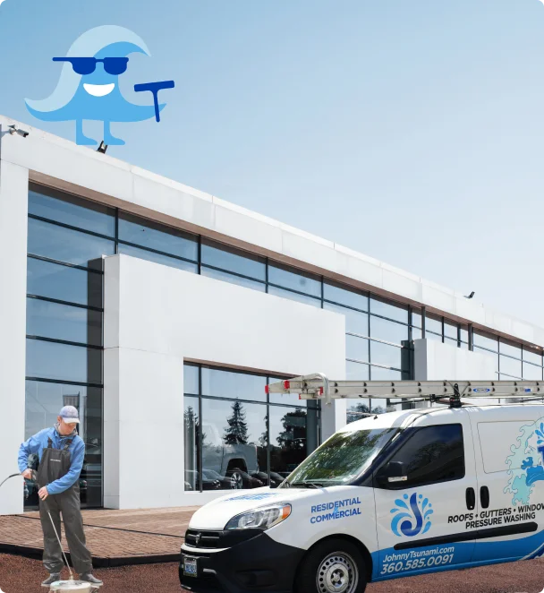 Johnny Tsunami service truck providing commercial storefront cleaning services in Kitsap County
