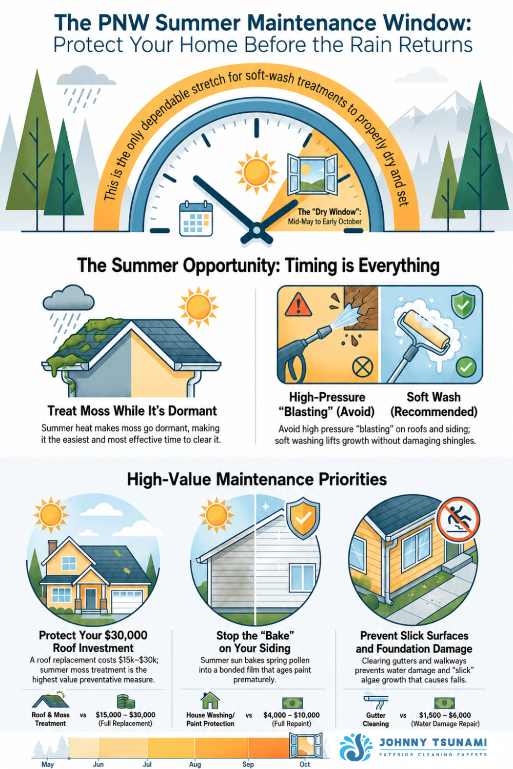 Timeline of the Pacific Northwest summer exterior cleaning window, mid-May through early October