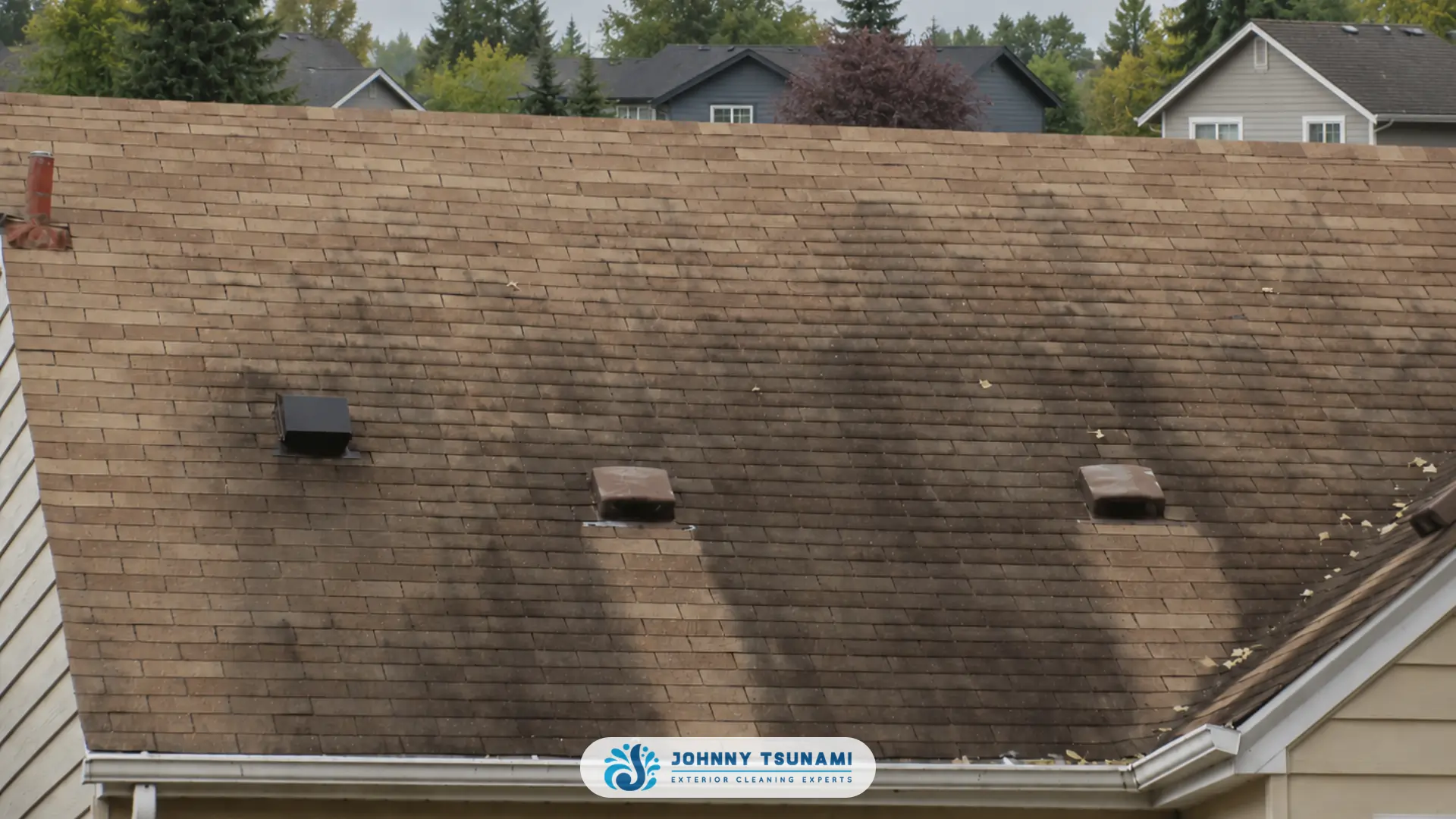 Macro close-up of black algae streaks on asphalt shingles showing granular texture and dark protective sheath