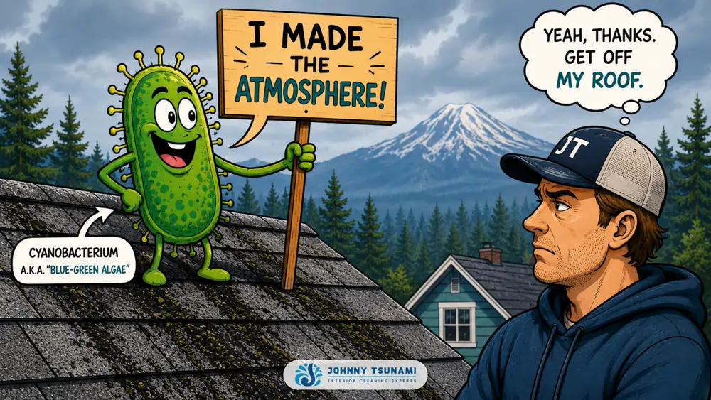 Comic illustration of a cyanobacterium character on a roof shingle holding a sign saying I made the atmosphere with a PNW homeowner looking at it sideways