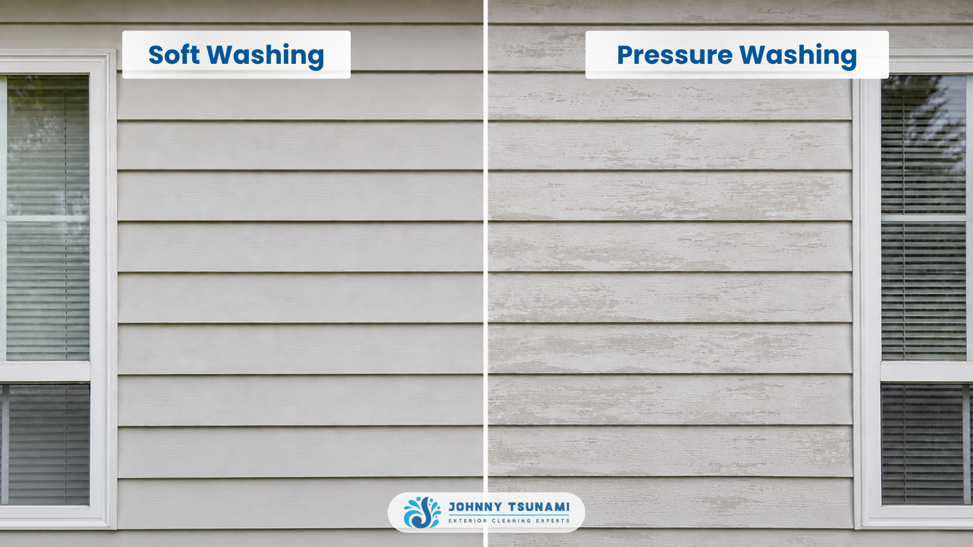 Johnny Tsunami soft washing PNW siding at low pressure instead of damaging high-pressure washing