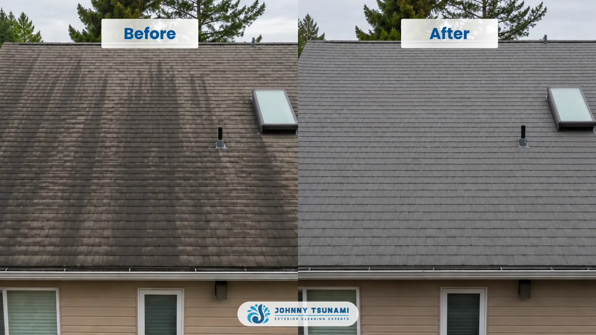 Before and after of algae-treated roof showing black streaks on north slope before and clean uniform shingles after soft wash treatment