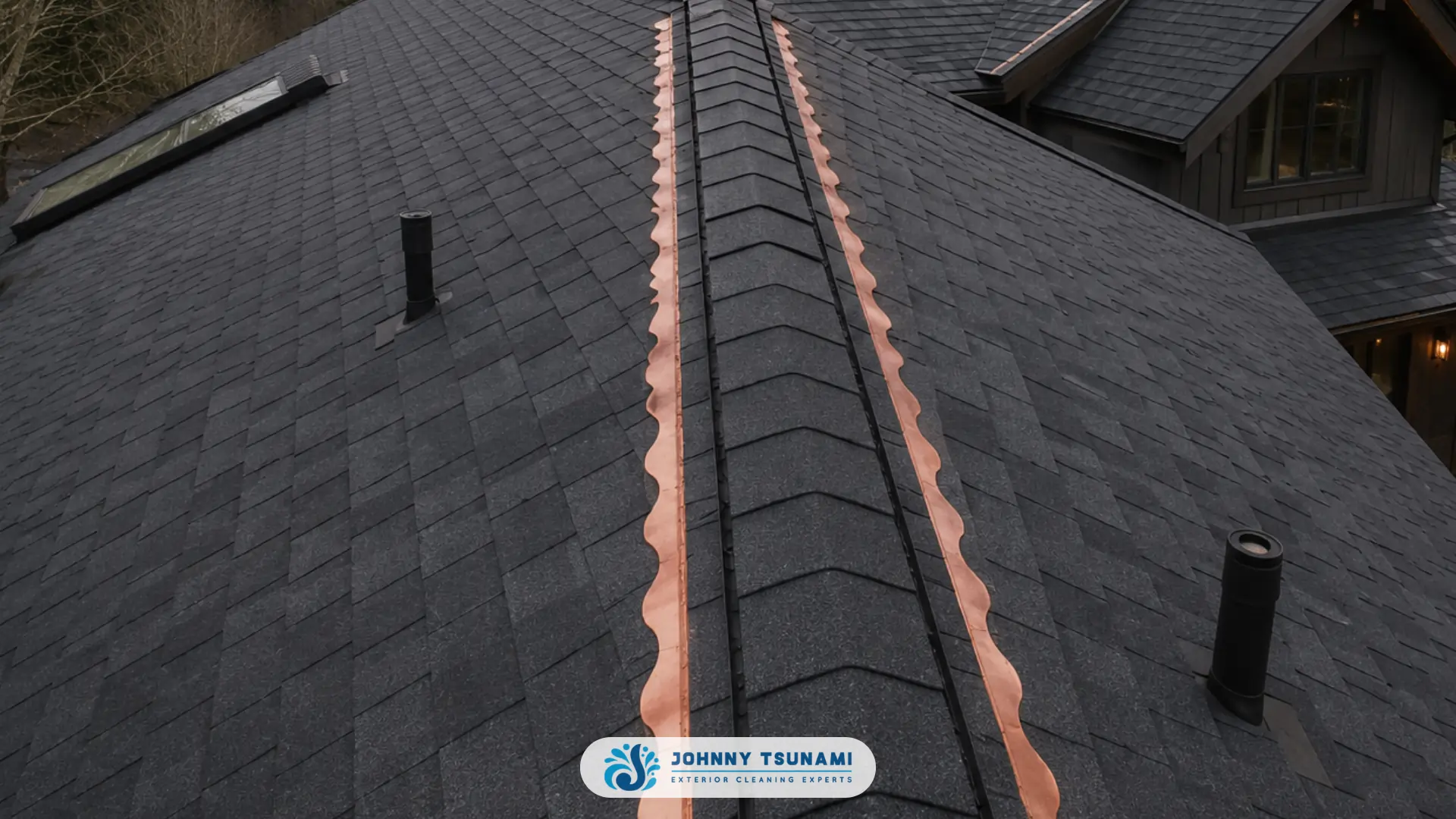 Copper strips installed along a roof ridge on a Pacific Northwest home showing metal strip running the length of the ridge cap