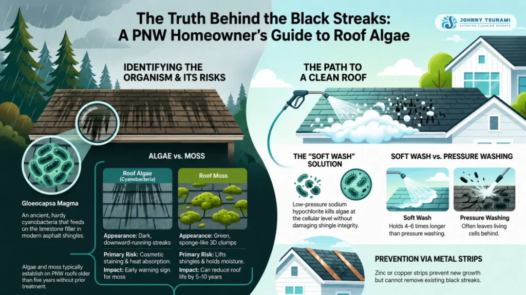 Infographic explaining roof algae vs moss identification, soft wash solution, and prevention via metal strips for Pacific Northwest homeowners
