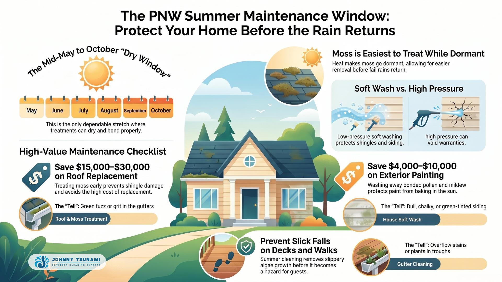 Timeline of the Pacific Northwest summer exterior cleaning window, mid-May through early October