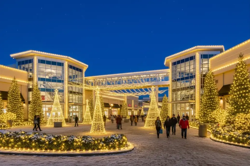 professional commercial Christmas lighting installation on business property