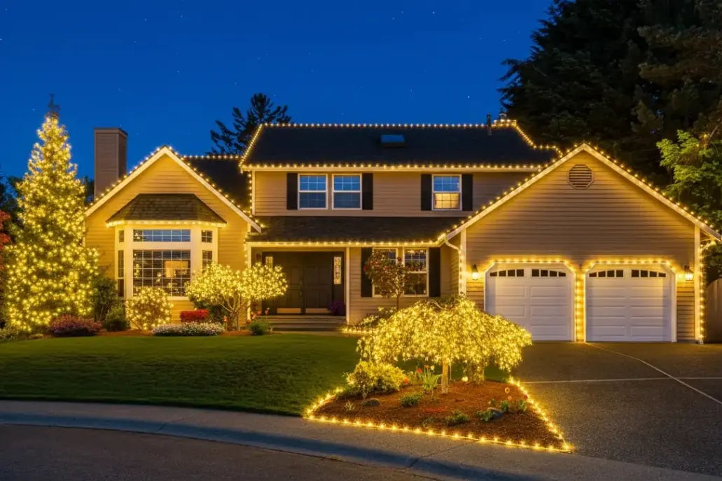 Beautifully illuminated home with custom holiday lighting display