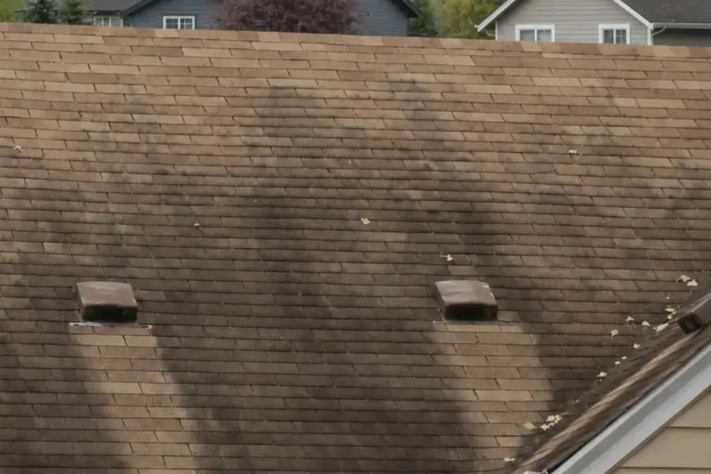 Dirty Asphalt (Composition) Shingle Roof before professional cleaning