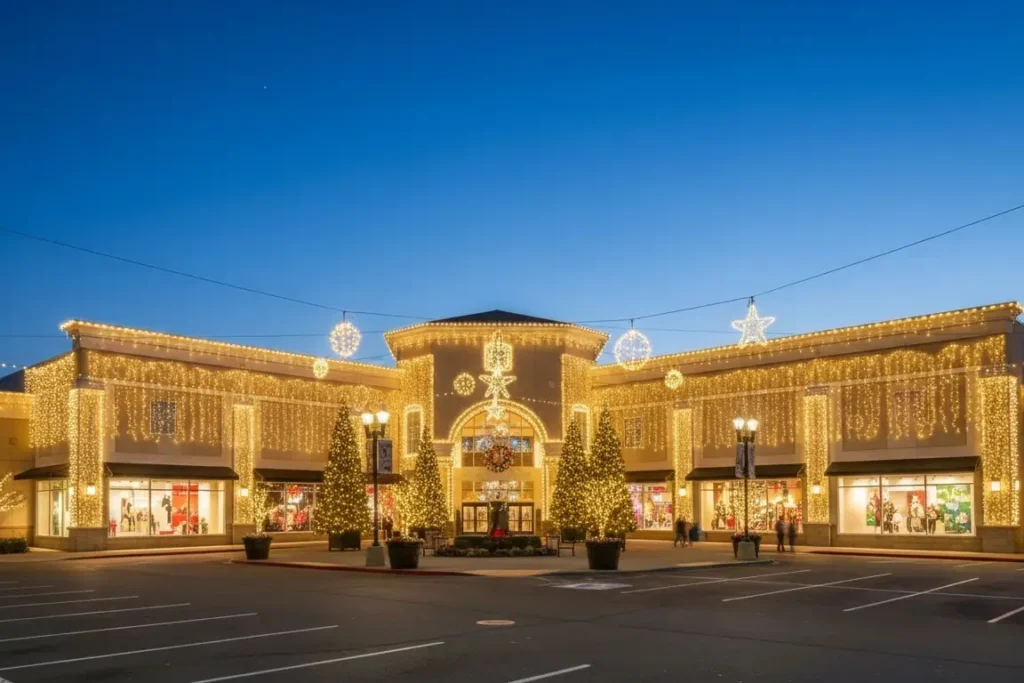 Festive holiday lighting display on commercial building