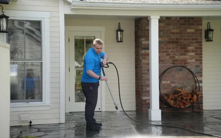 Professional technician soft washing a home exterior