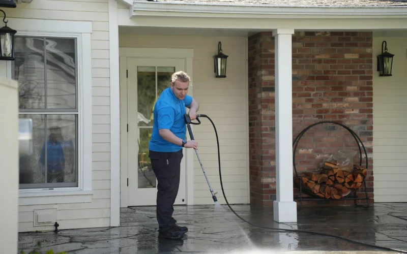 Professional technician soft washing a home exterior