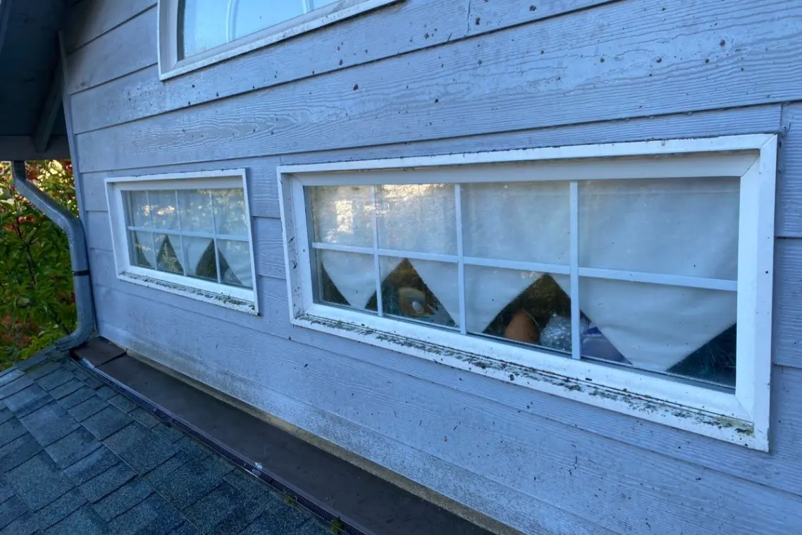 Before window cleaning showing exterior windows affected by dirt and weather buildup