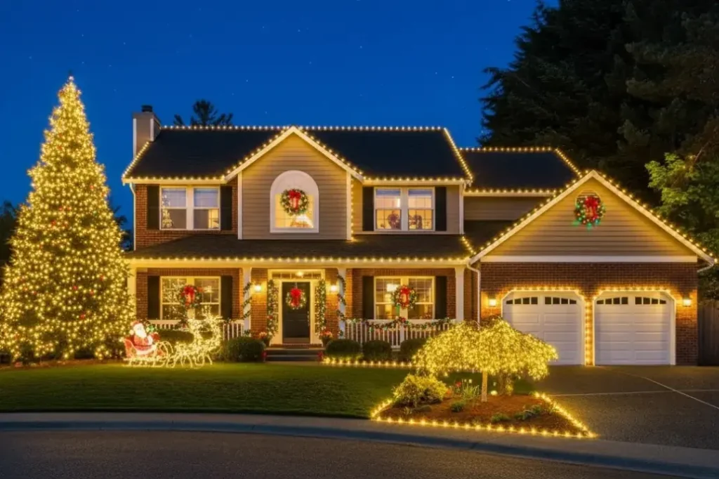 Custom residential holiday lighting display on a decorated home